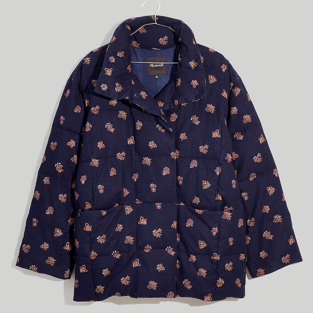 Madewell Corduroy Puffer Jacket in Brittanica Blockprint